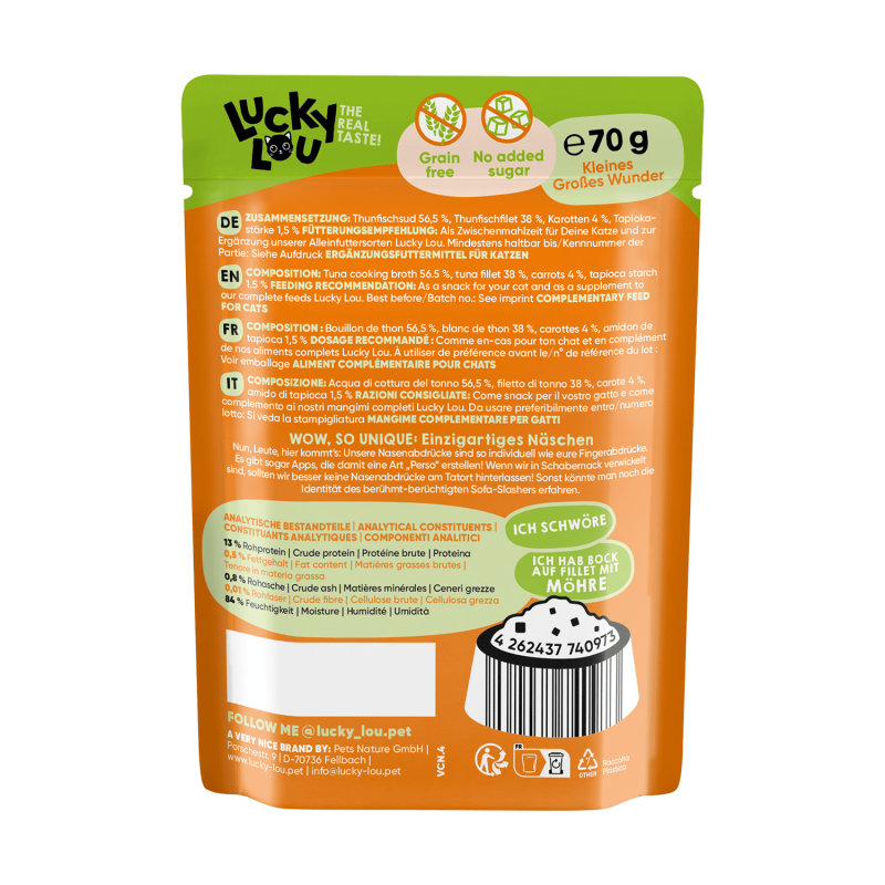 Lucky Lou® Extrafood Thunfisch mit Karotte in Sud 70g Pouch