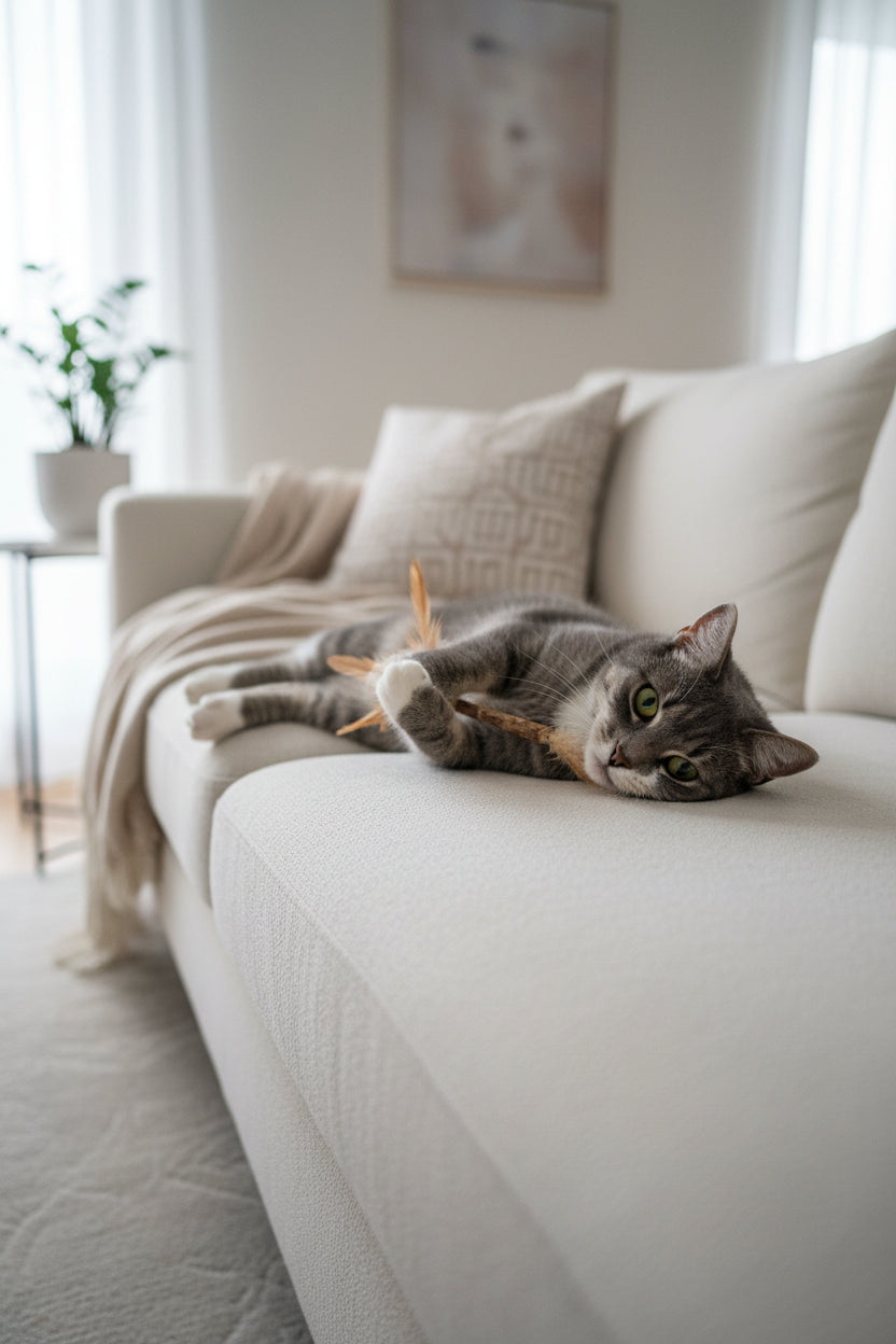Katze auf Couch mit spielzeug