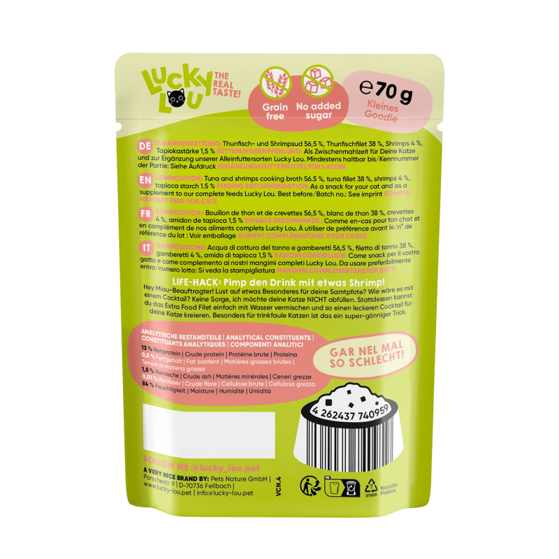 Lucky Lou® Extrafood Thunfisch & Shrimps in Gelee – 70g Pouch