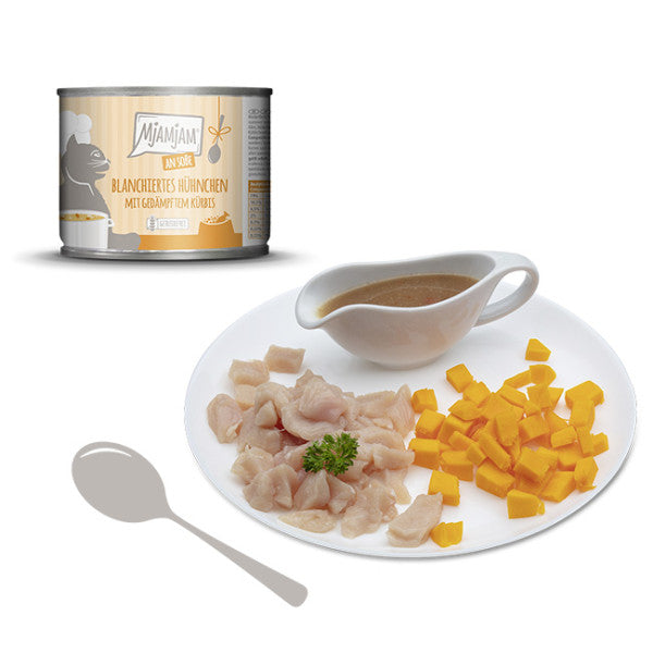 MjAMjAM – Blanchiertes Hühnchen mit gedämpftem Kürbis an Soße