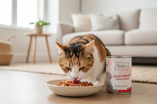 Hochwertiges und getreidefreies Hühnchen und Erdbeeren Katzen Nassfutter von Mjamjam