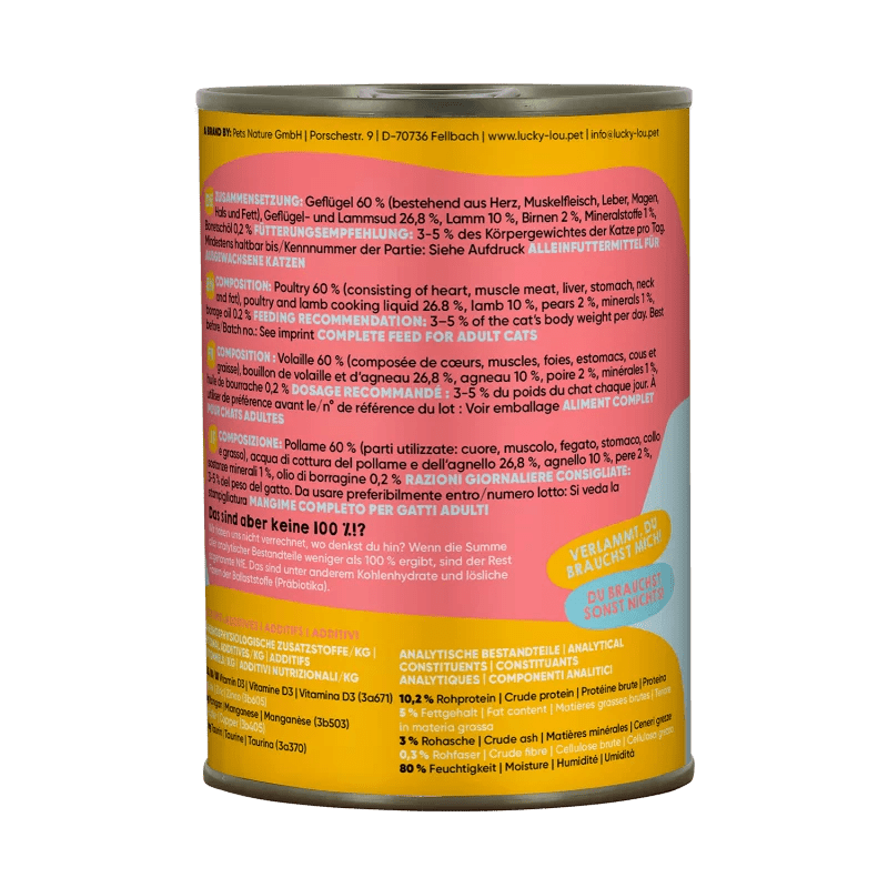 Lucky Lou® Lifestage Adult Katzenfutter – Geflügel & Lamm (getreidefrei) - PawschowNassfutter200g